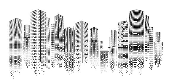 Black and white illustration of city skyline